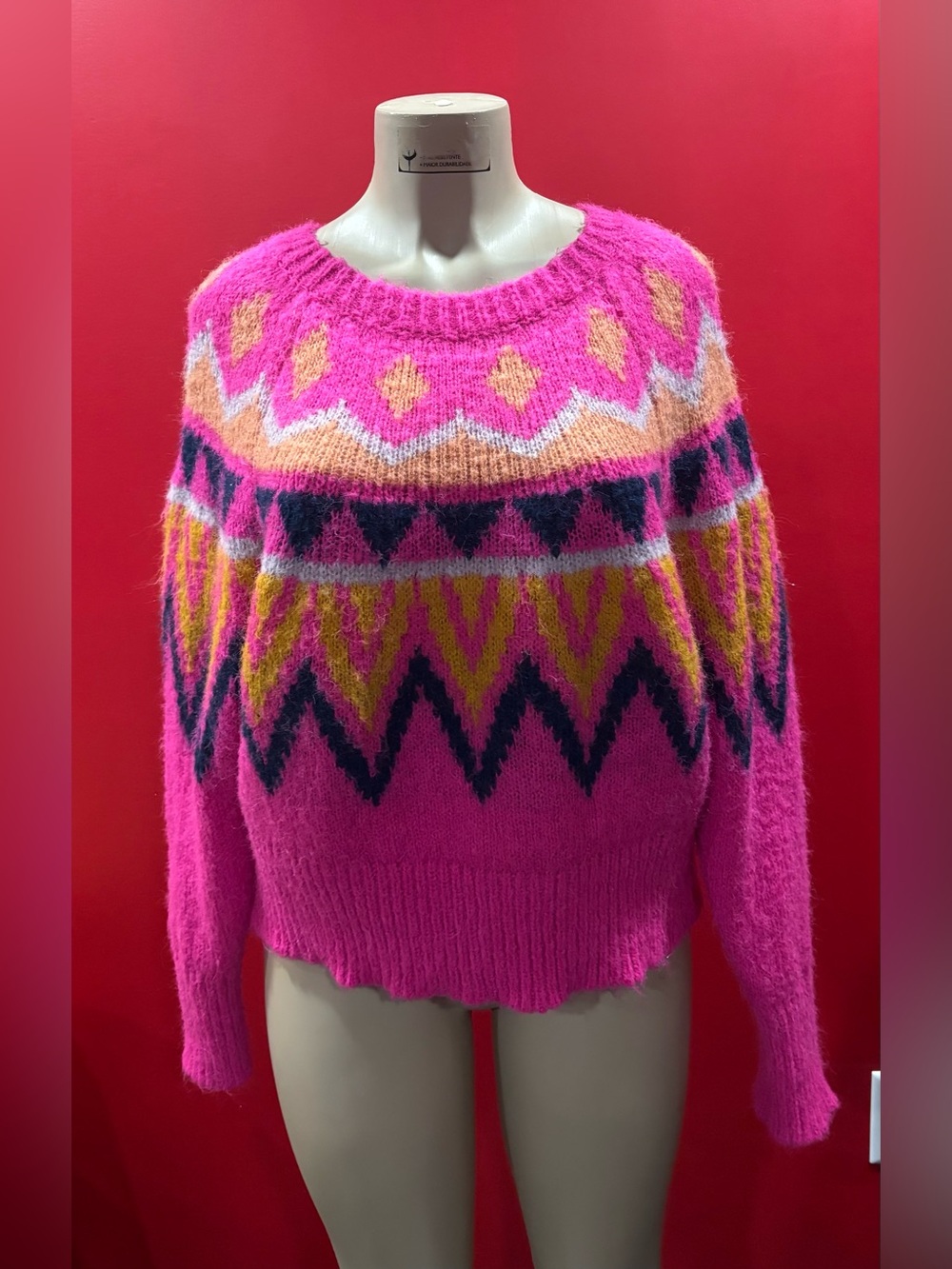 Women's Bright Pink Fair Isle Crewneck Sweater